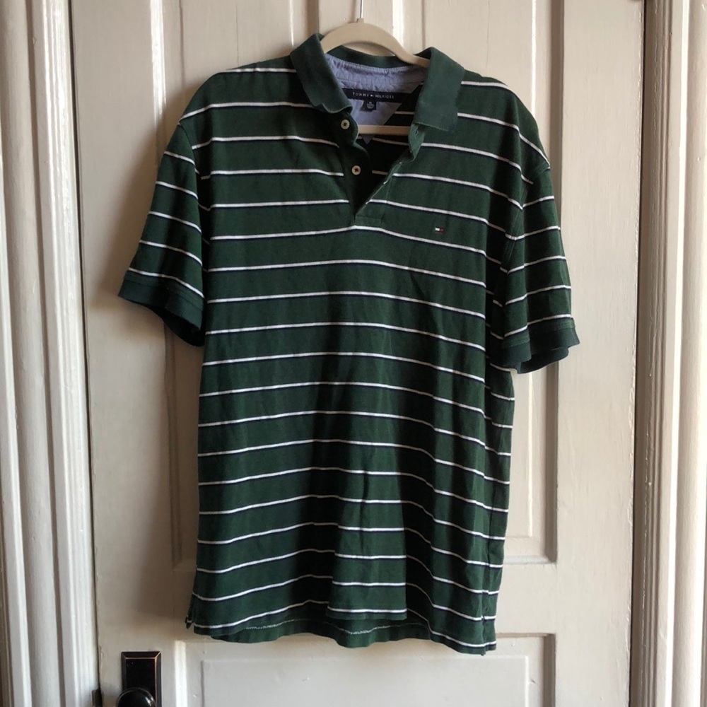 Vintage Tommy Hilfiger Green Striped 100% Cotton Short Sleeve Polo Size XL